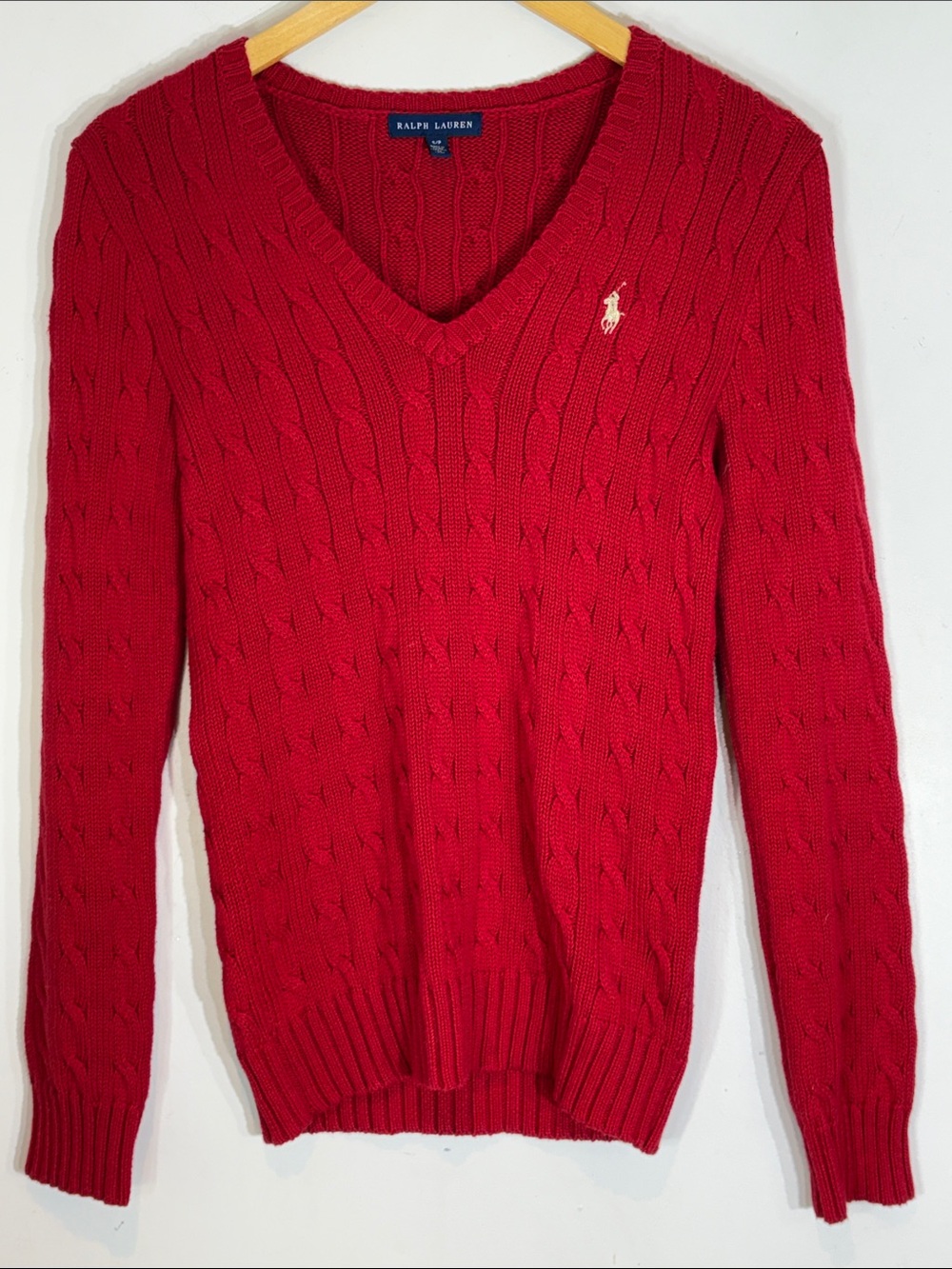 Ralph Lauren Cable Knit V-Neck Sweater Red Cotton Pony Logo Small - Picture 10 of 10